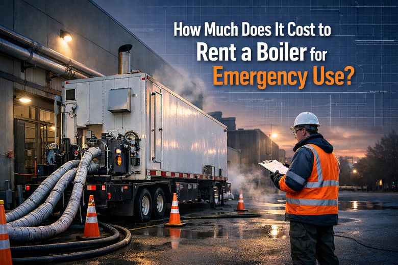 Emergency temporary boiler rental unit connected for steam supply