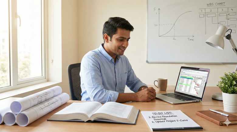 Construction engineer preparing for L&T Tata Projects Shapoorji Pallonji interview with technical documents and drawings