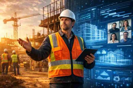 Construction professional using laptop and digital tablet at active construction site with building framework and cranes in background representing hybrid construction roles