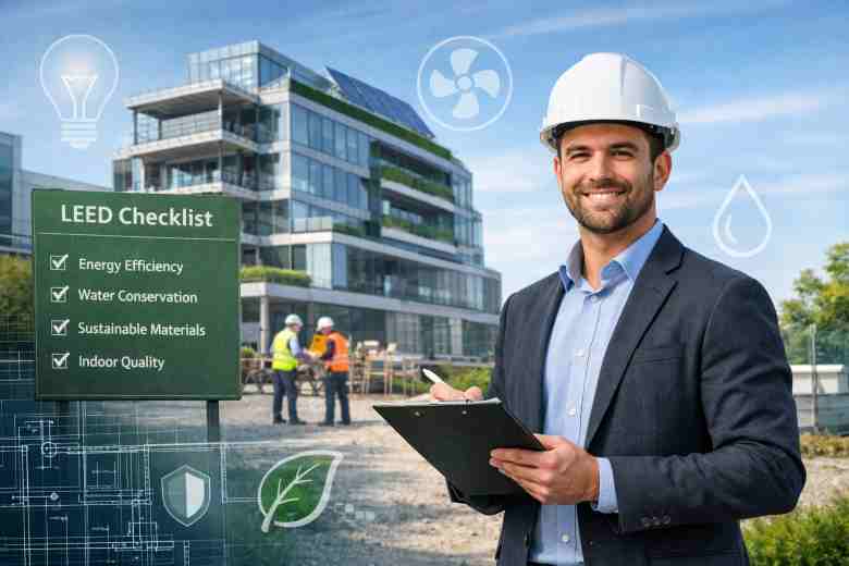 LEED green building interview preparation concept with sustainability engineer at modern eco-friendly construction site