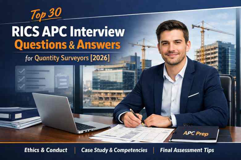Professional quantity surveyor preparing for RICS APC interview questions and answers in 2026 with documents, laptop, and construction project background