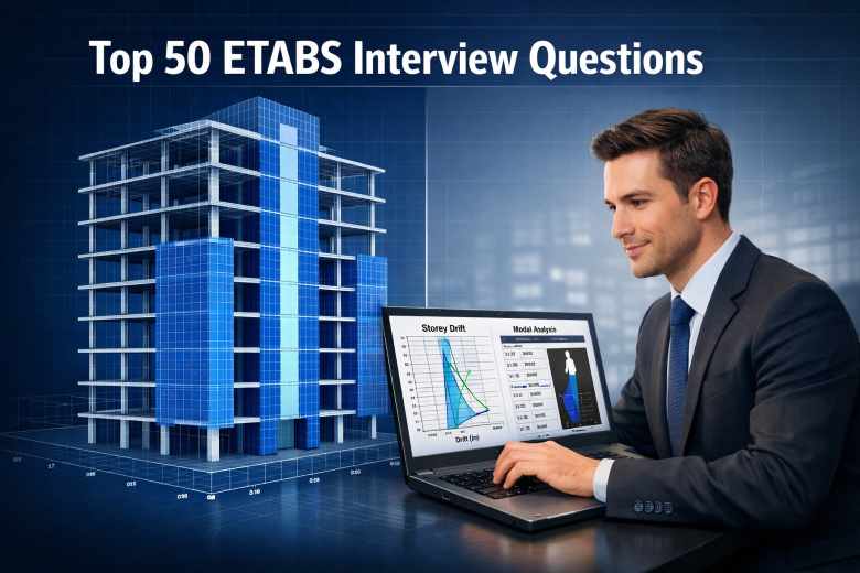 ETABS structural analysis software interface showing a 3D multi-storey building model with seismic load analysis results for interview preparation 2026