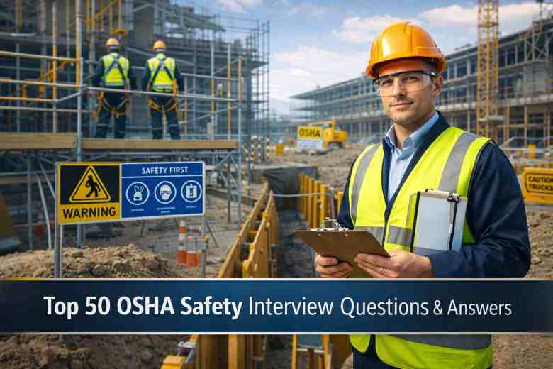 Construction safety professional wearing PPE and hard hat reviewing OSHA safety checklist on a construction site with workers and scaffolding in the background