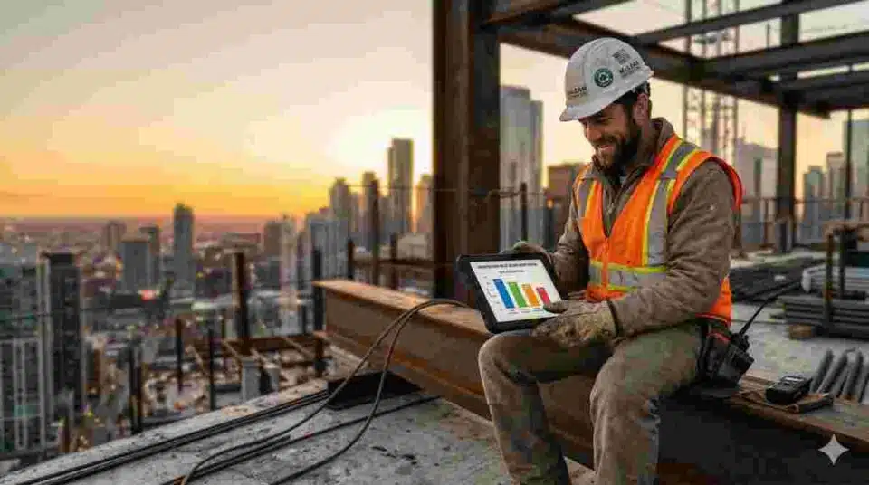 Construction worker reviewing salary data on a tablet at a building site during the 2026 labour shortage
