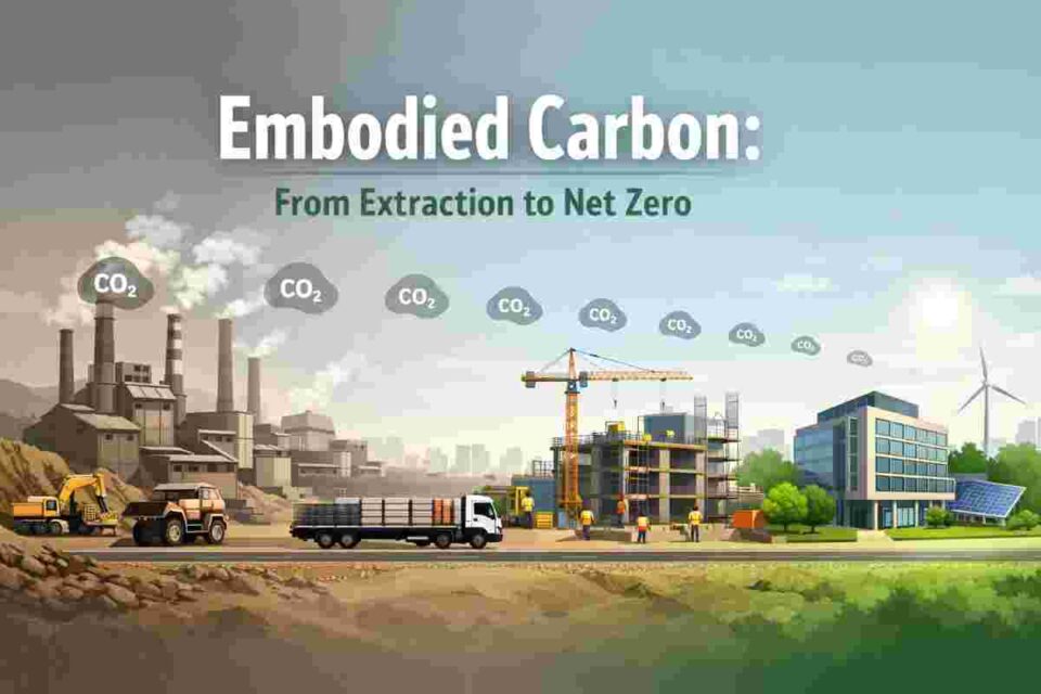Photorealistic infographic showing construction lifecycle from quarry and manufacturing to transport, construction site, and sustainable net zero building with decreasing CO2 emissions