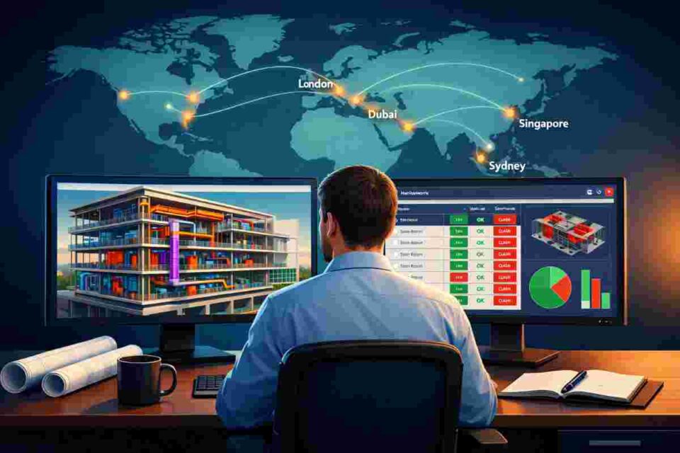 Freelance BIM consultant working on Revit model with dual monitors showing 3D building model and clash detection report