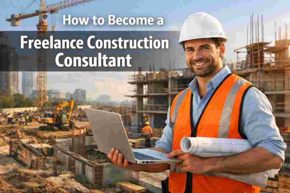 Freelance construction consultant on-site with laptop and blueprints at an active construction project with cranes and workers
