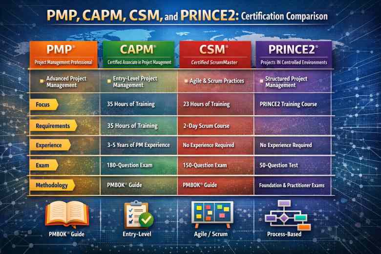 PMP vs CAPM vs CSM vs PRINCE2 certification comparison table 2026