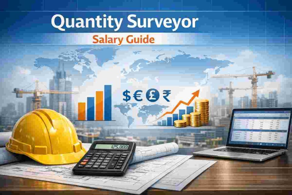 A professional infographic highlighting global salary trends for quantity surveyors across key construction markets.