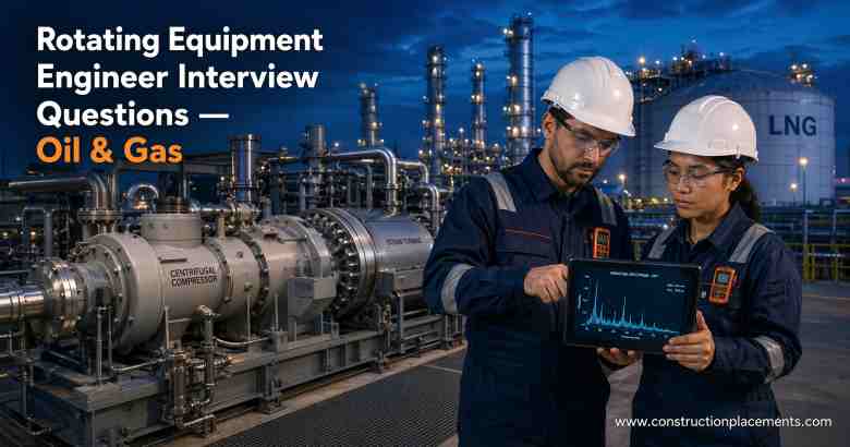 Rotating equipment engineers inspecting a centrifugal compressor and steam turbine train in an oil and gas plant during 2026 interview preparation.