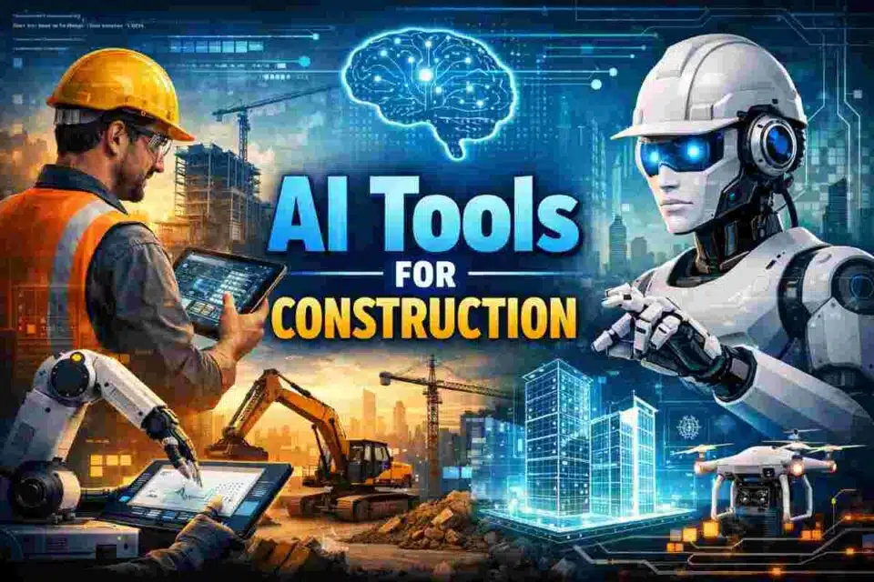 AI tools for construction showing digital dashboard with project analytics, safety monitoring, and BIM integration on a modern construction site