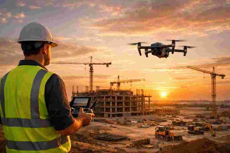 Construction drone operator flying a UAV over a large construction site for aerial surveying and progress monitoring