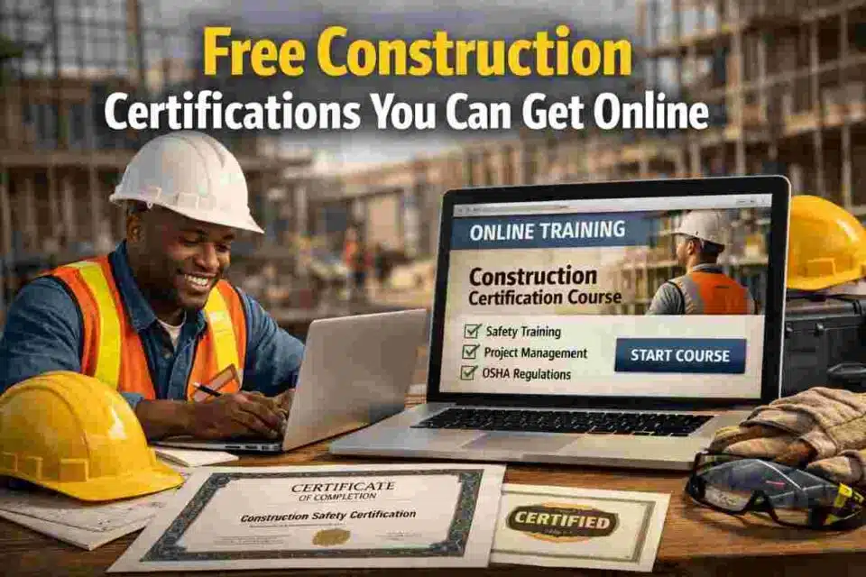 Free construction certifications you can get online in 2026 — a professional guide showing OSHA, Procore, BIM, and university-backed credentials