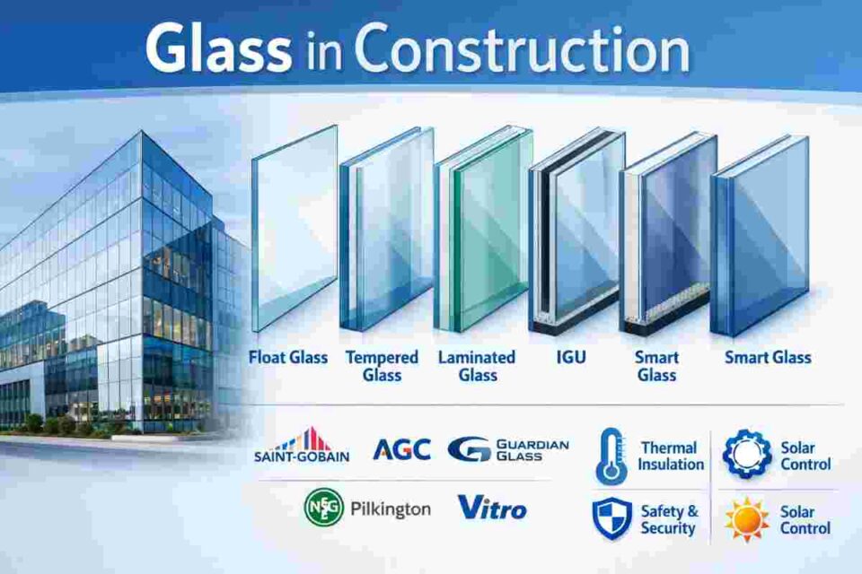Types of glass used in modern building construction including tempered, laminated, Low-E, and smart glass panels