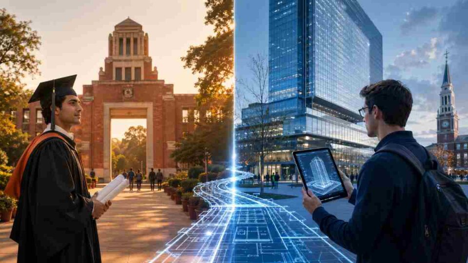 Comparison of IIT campus and global university skyline representing IIT MTech vs MS abroad decision for civil engineering students 2026