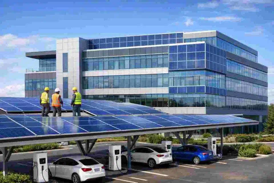 Solar panels integrated on a modern commercial building rooftop with city skyline