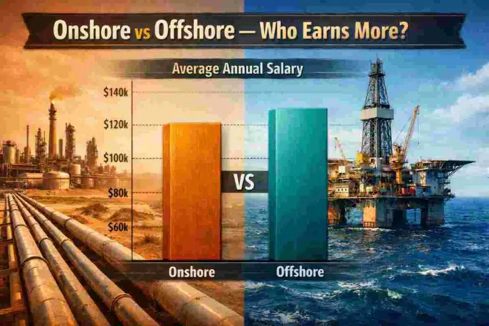 Oil and gas engineer salary comparison chart showing onshore and offshore pay ranges for 2026
