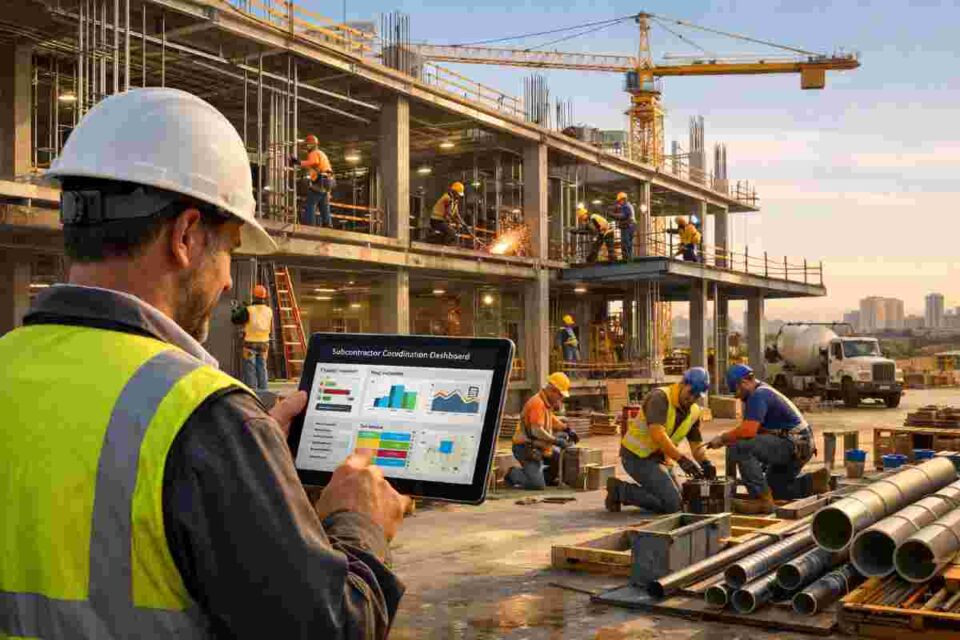 Construction project manager reviewing subcontractor schedules on a tablet at a busy commercial construction site with multiple trade crews working in the background