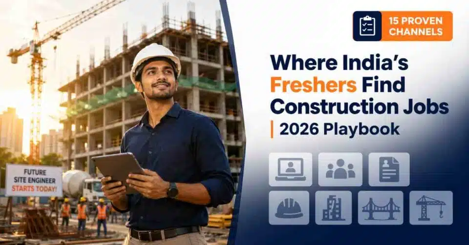 Indian civil engineering fresher reviewing construction job opportunities on a laptop with L&T, Tata Projects, and PSU openings visible on screen at a Mumbai site office