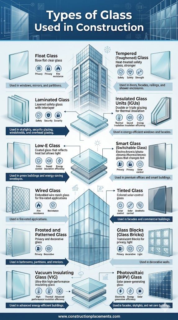 types of glasses used in construction