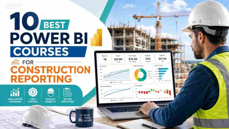 Construction engineer analyzing Power BI dashboard for project cost, schedule, and reporting insights at a construction site.