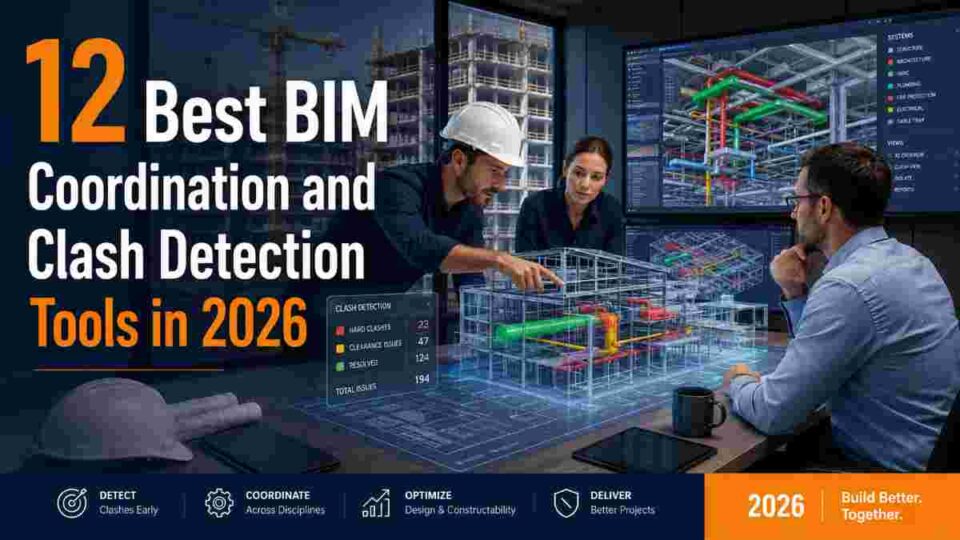 Comparison of 12 best BIM coordination and clash detection tools for 2026 showing federated 3D model with highlighted spatial clashes