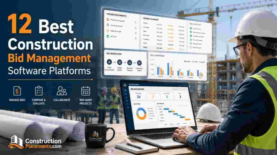 Construction bid management software comparison dashboard showing 12 top platforms for contractors in 2026