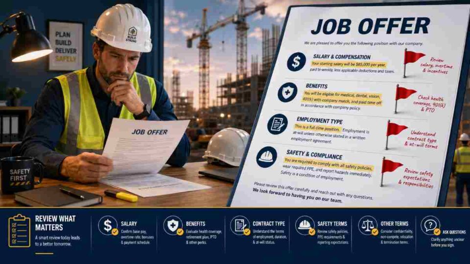 Construction professional reviewing a job offer letter with red warning flags highlighted on key contract terms