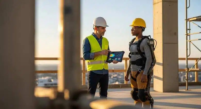 Wearable tech for construction safety showing smart PPE, sensors, and real-time worker monitoring on a construction site