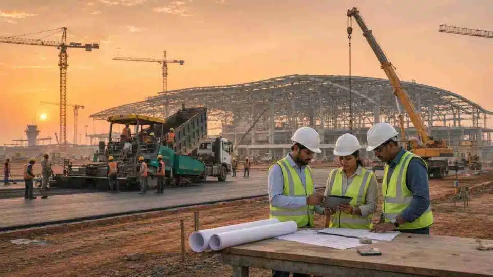 Airport construction site in India 2026 with terminal steelwork, runway paving, and engineering team reviewing drawings