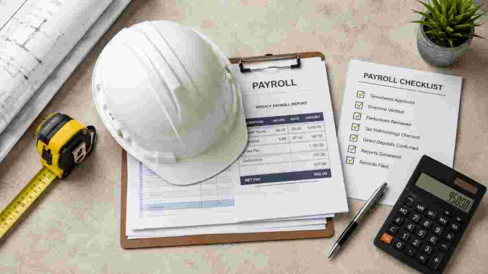 Certified payroll construction checklist with hard hat, calculator, and compliance documents on a contractor's desk
