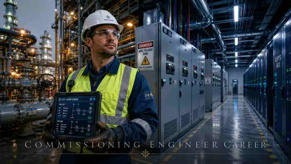 Commissioning engineer in PPE inspecting industrial control panel and switchgear at a 2026 construction site