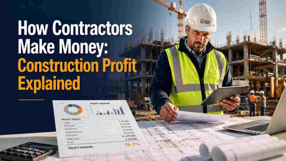 Contractor reviewing construction profit margin, project budget, and cost documents at a building site with cranes and blueprints.