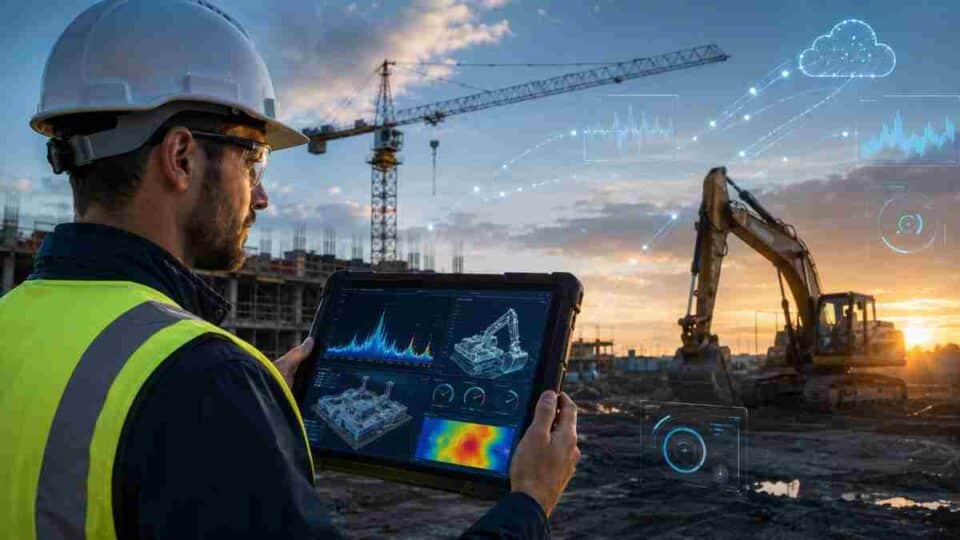 Predictive maintenance engineer monitoring construction equipment data on a digital dashboard with IoT sensors and AI analytics