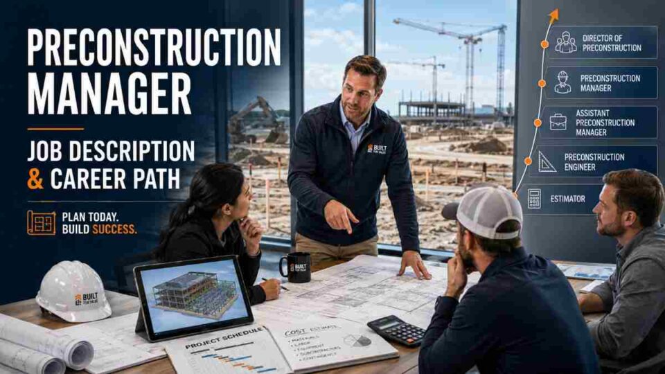 Preconstruction manager reviewing construction blueprints and cost estimates with project team in a modern office with BIM model on screen