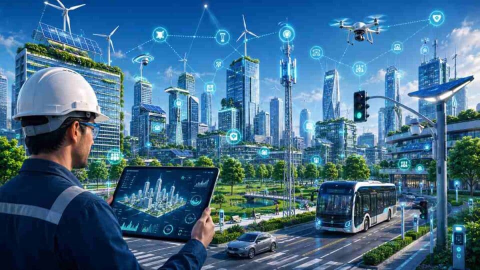 Smart city infrastructure engineer working on IoT sensor network and digital twin platform for urban infrastructure management in 2026