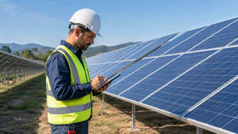 Solar engineer inspecting solar panels with a tablet at a renewable energy project site.