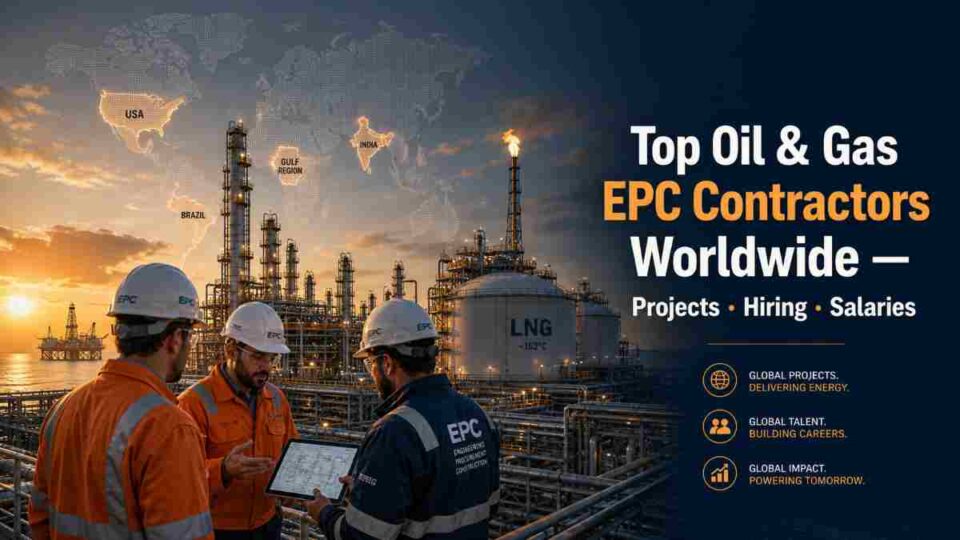 Top oil and gas EPC contractors worldwide 2026 — engineers reviewing LNG mega-project plans with offshore platform and refinery in background