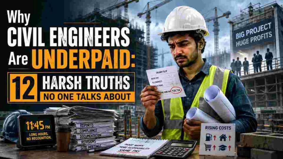 Infographic showing 12 reasons why civil engineers are underpaid with salary data and career improvement strategies