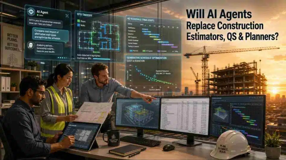 AI agents working alongside construction estimators, quantity surveyors, and planners reviewing blueprints with holographic project data in 2026