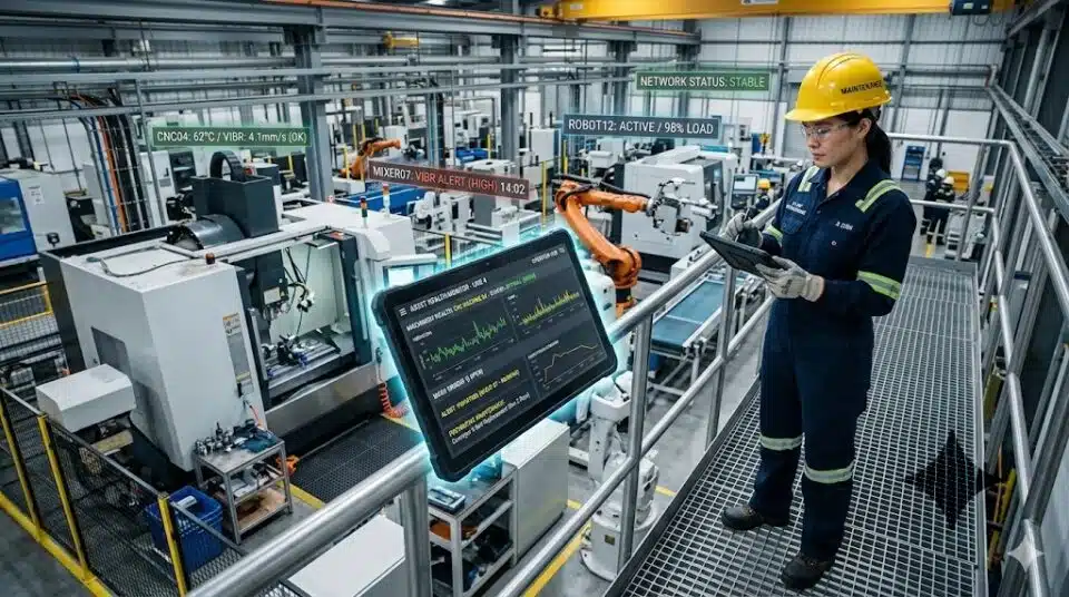 Technician using preventive maintenance software to monitor manufacturing plant equipment