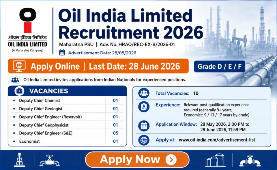 Oil India Limited Recruitment 2026 for Various Posts | 10 Posts | 28-06-2026