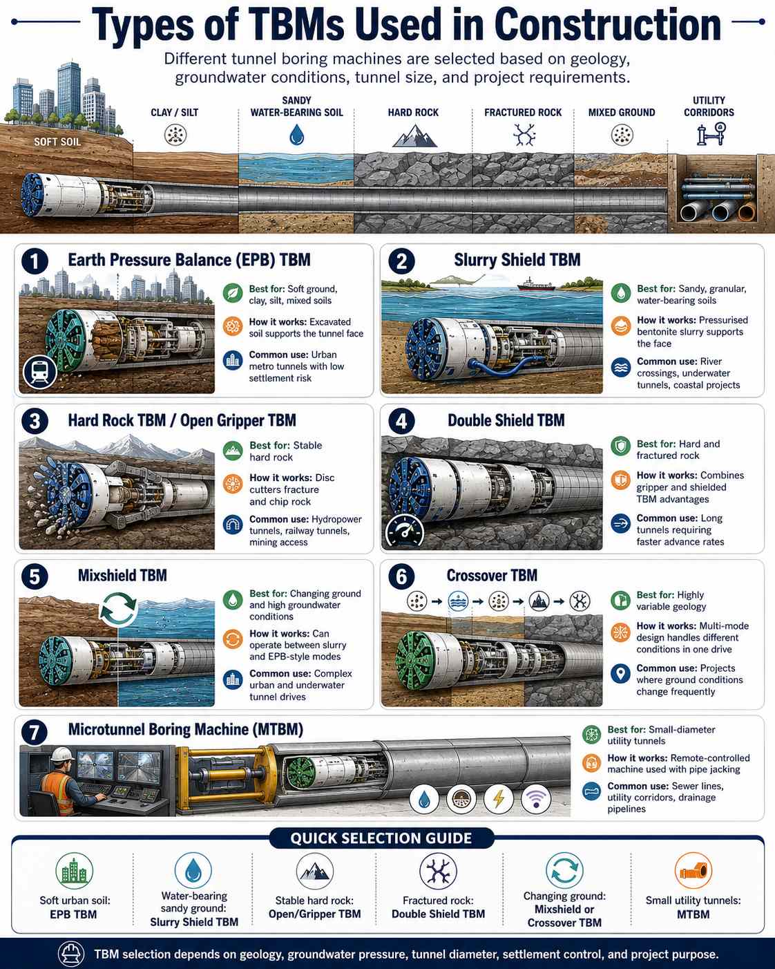 Infographic showing different types of tunnel boring machines used in construction, their ground conditions, working methods, and common applications.