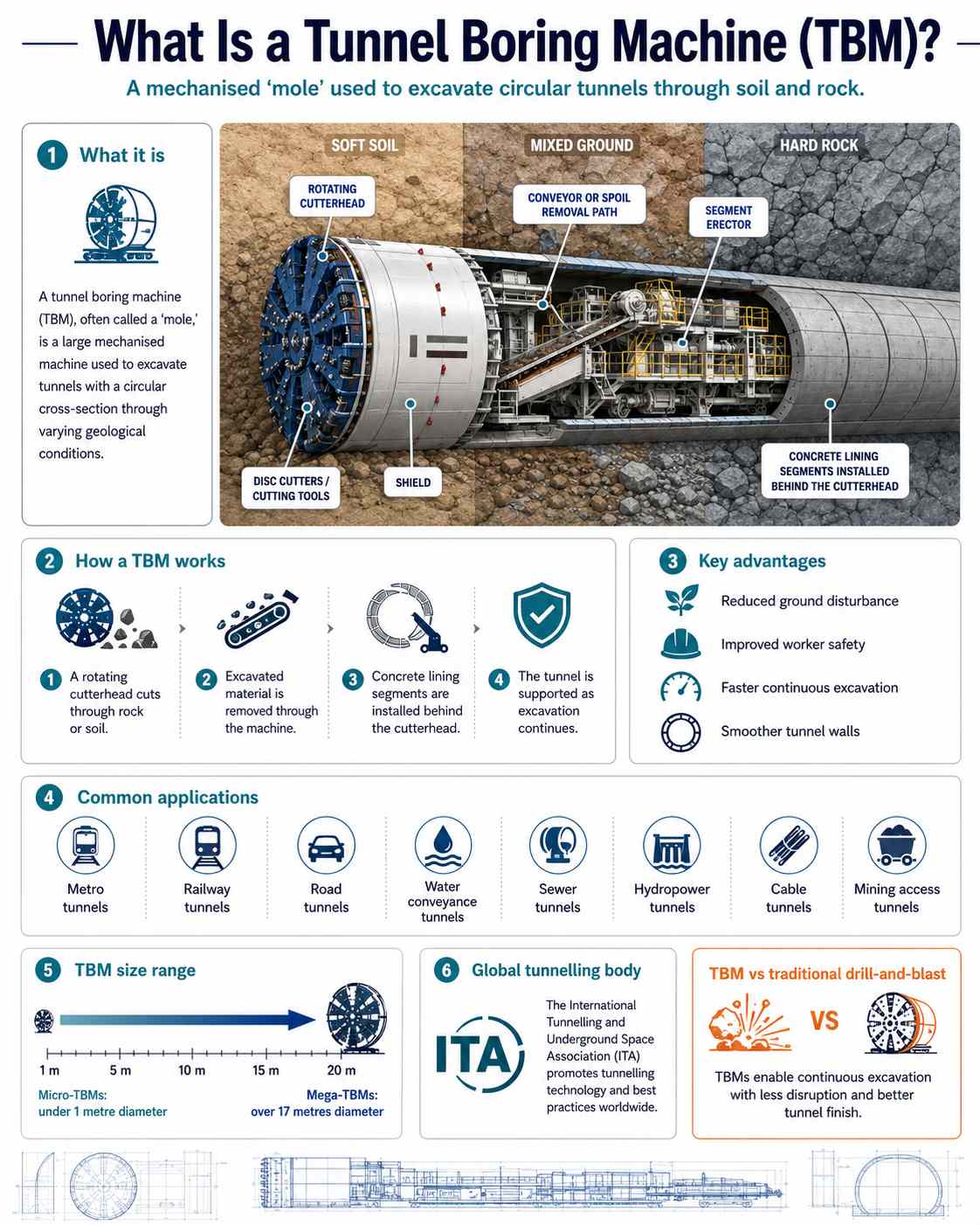 Infographic explaining a Tunnel Boring Machine with labeled cutterhead, shield, conveyor, lining segments, applications, benefits, and TBM size range.