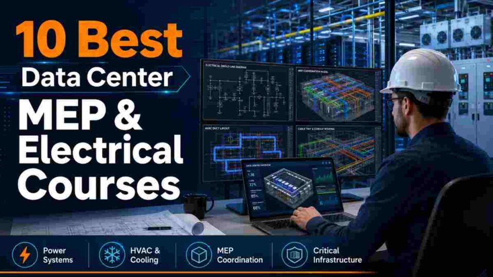 Data center engineer working on MEP and electrical design screens showing power systems, HVAC cooling, cable routing, and BIM coordination.