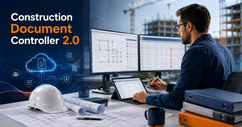 Construction document controller using digital document management tools, cloud workflows, drawings, and revision tracking on a modern construction project.