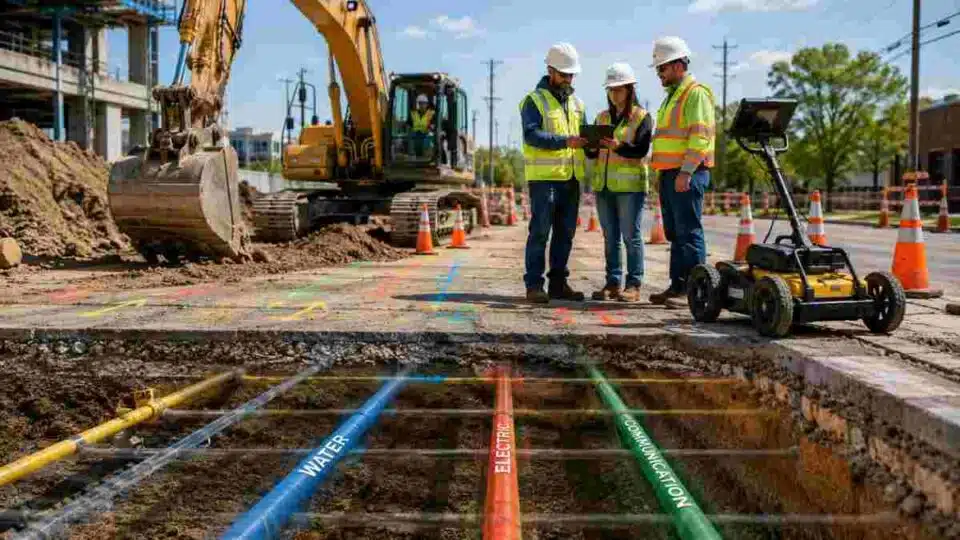 Construction team using utility locating technology and excavation safety tools to prevent underground utility strikes.