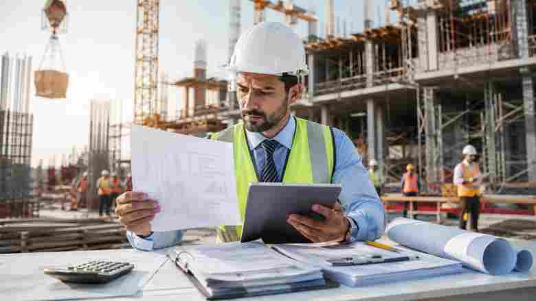 Construction claim Engineer reviewing plans at site
