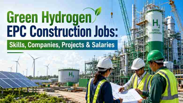 Green hydrogen EPC construction site with engineers, storage tanks, pipelines, solar panels, wind turbines, and cranes for renewable energy infrastructure jobs.