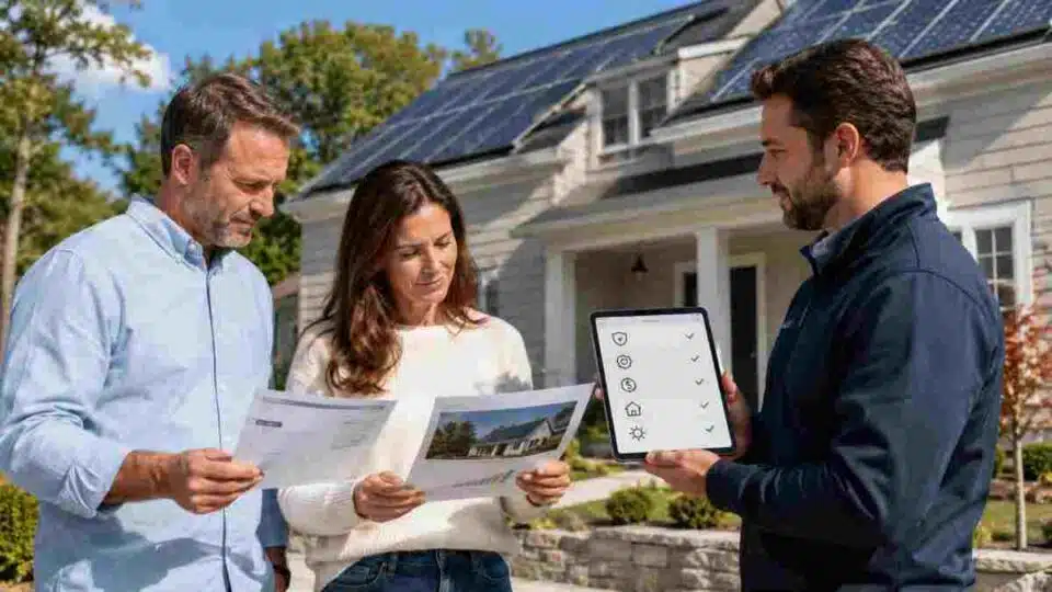 Homeowner reviewing a residential rooftop solar proposal with a certified solar installer beside a house with solar panels.